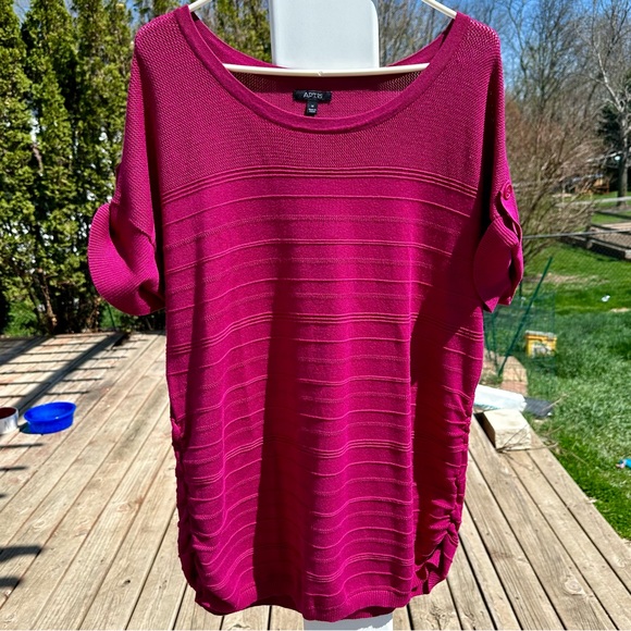 Apt. 9 Size 1X Pullover Short Sleeve Roll Tab Side Ruching Fuschia Comfort - Picture 15 of 15